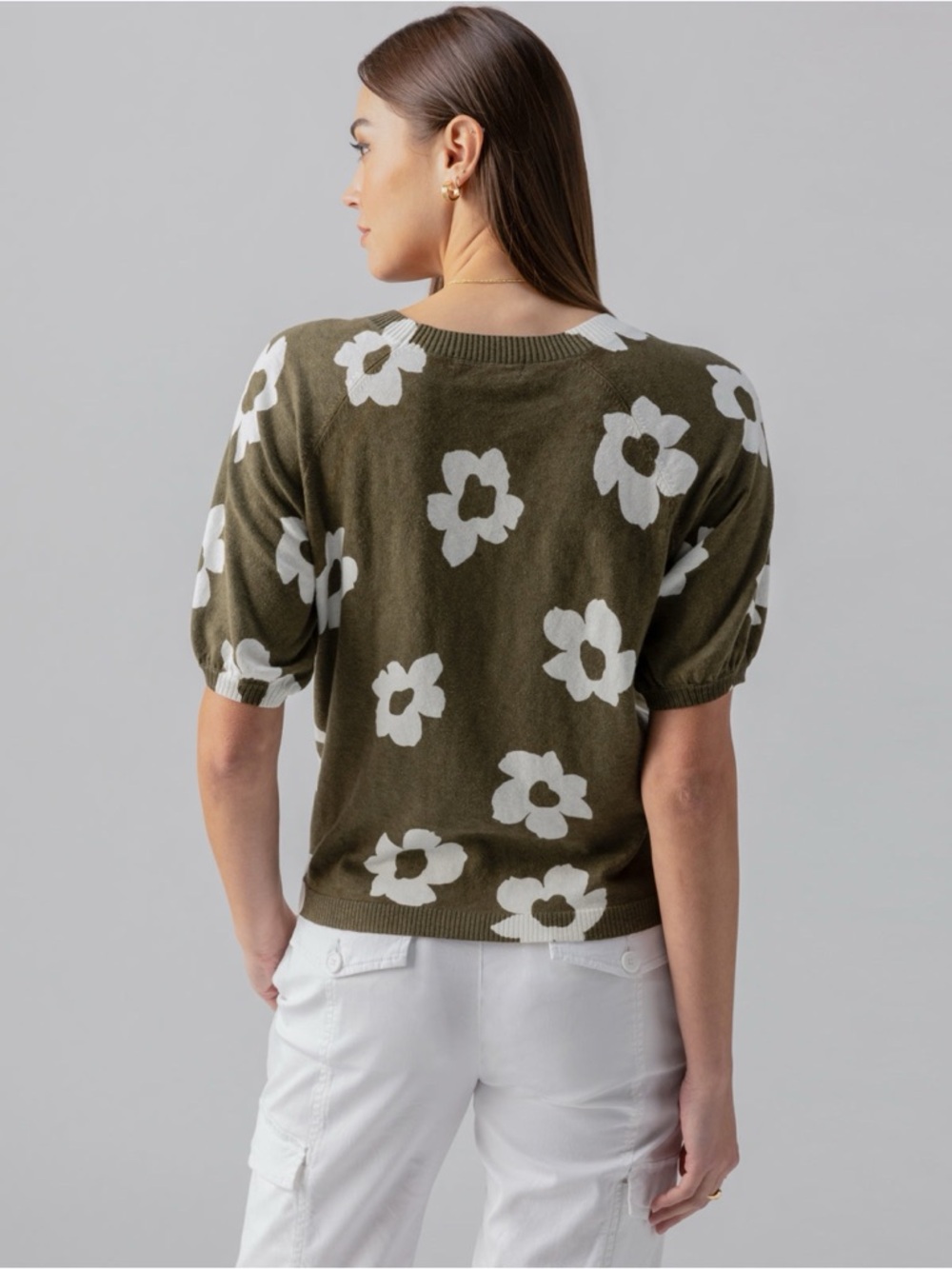 Anthropologie Sanctuary Sunny Days Olive Knit Sweater with Cream Floral Print - Picture 2 of 10